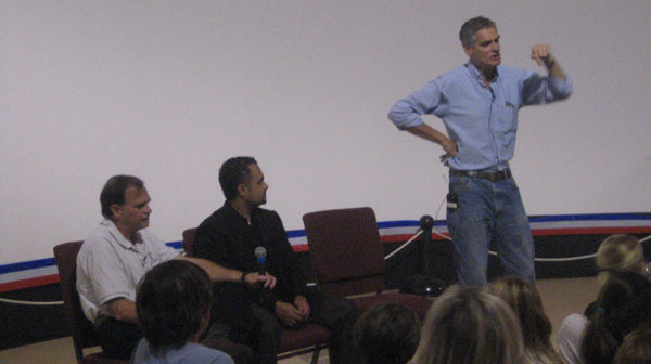 From left to right: Michael Sims, Khalid Al Ali, Chris McKay during Q&A